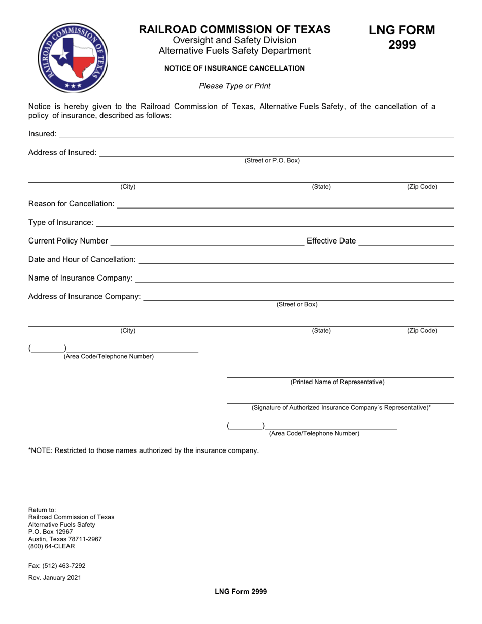 LNG Form 2999 Notice of Insurance Cancellation - Texas, Page 1