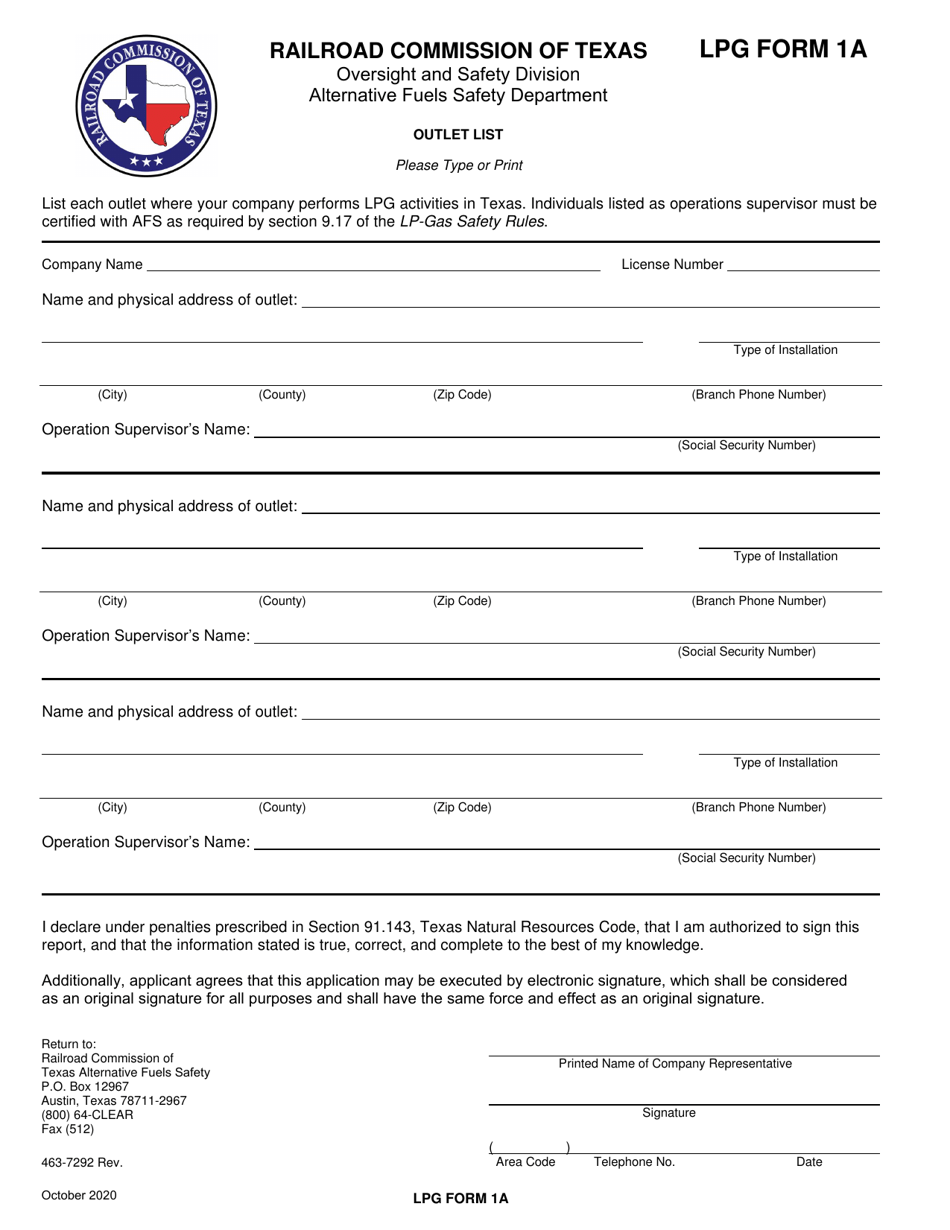 LPG Form 1A Outlet List - Texas, Page 1