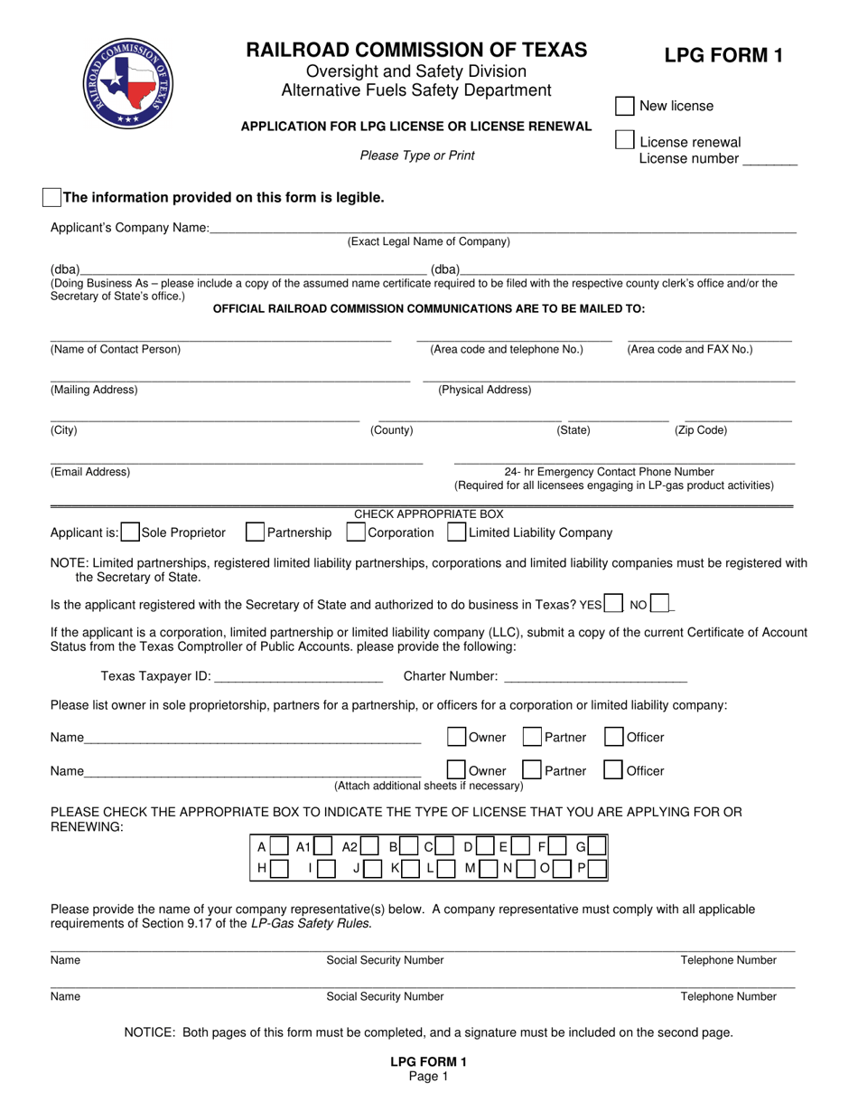 LPG Form 1 Application for Lpg License or License Renewal - Texas, Page 1