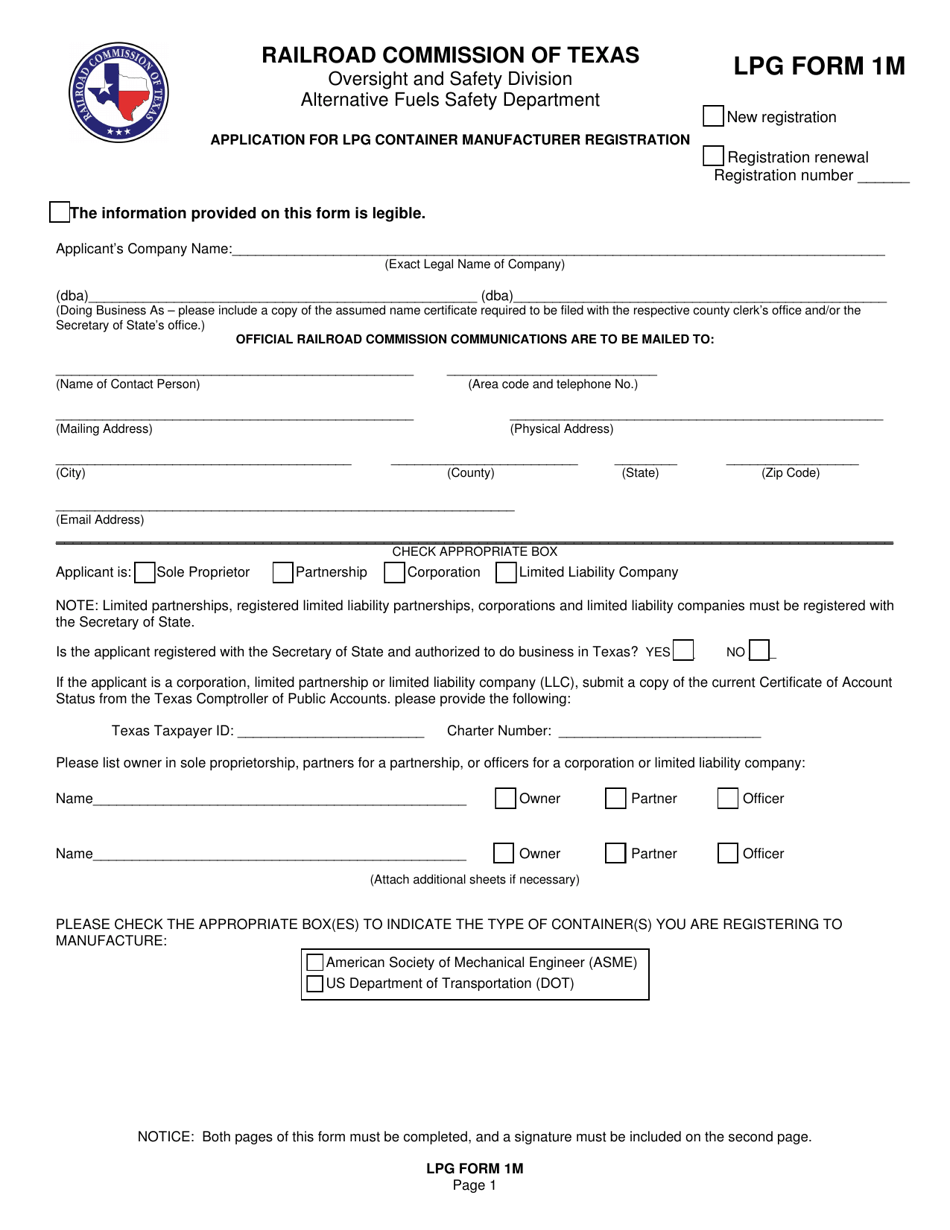 LPG Form 1M Application for Lpg Container Manufacturer Registration - Texas, Page 1