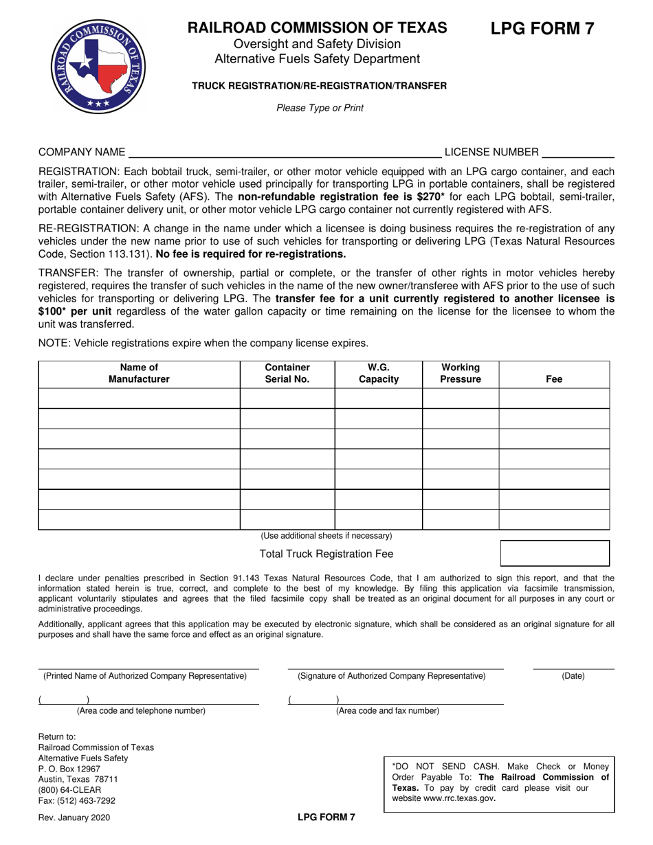 LPG Form 7 Truck Registration / Re-registration / Transfer - Texas, Page 1