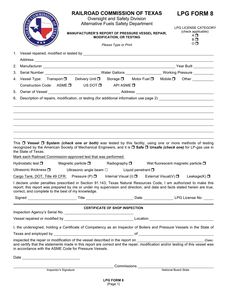 LPG Form 8 Manufacturers Report of Pressure Vessel Repair, Modification, or Testing - Texas, Page 1