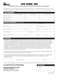 Document preview: LPG Form 16R Application for Lp-Gas Examination Exemption by Reciprocity Agreement - Texas