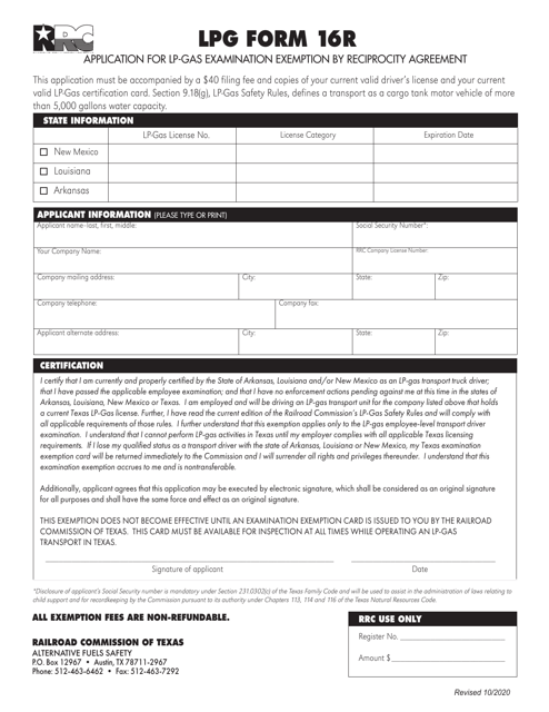 LPG Form 16R Application for Lp-Gas Examination Exemption by Reciprocity Agreement - Texas