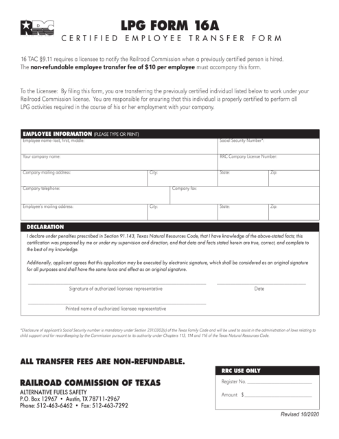 LPG Form 16A Certified Employee Transfer Form - Texas