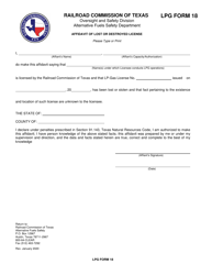Document preview: LPG Form 18 Affidavit of Lost or Destroyed License - Texas