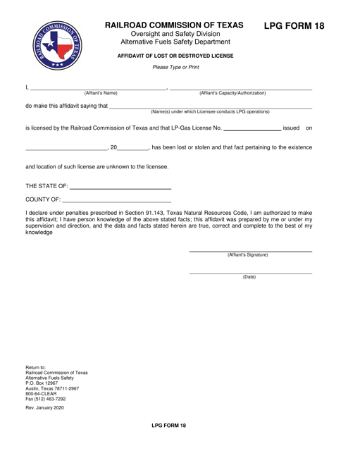 LPG Form 18 Affidavit of Lost or Destroyed License - Texas