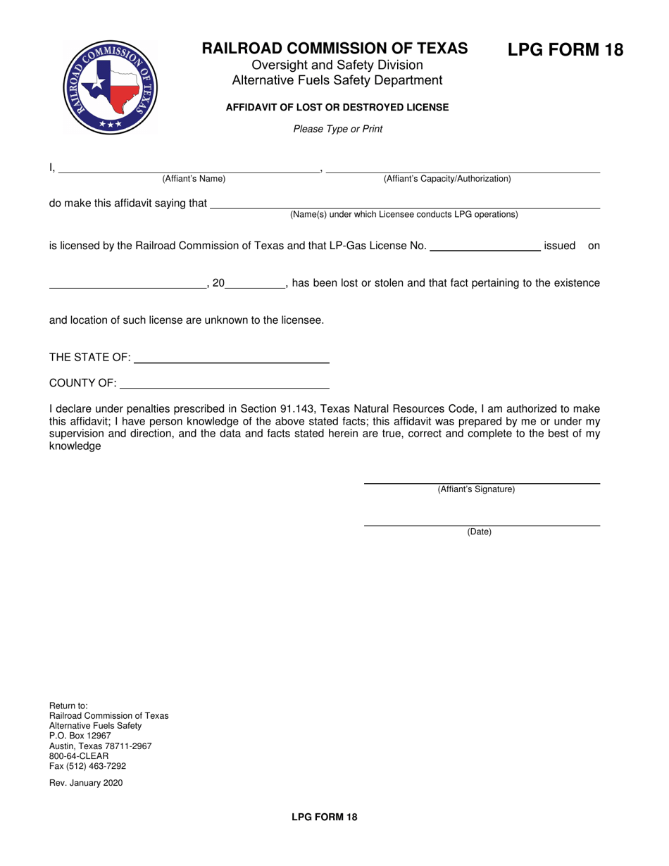 LPG Form 18 Affidavit of Lost or Destroyed License - Texas, Page 1
