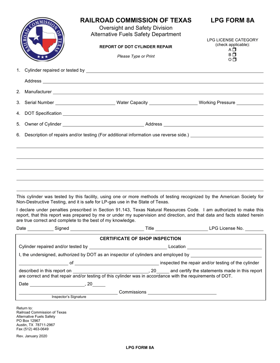 LPG Form 8A Report of Dot Cylinder Repair - Texas, Page 1