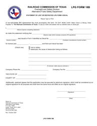 Document preview: LPG Form 18B Statement of Lost or Destroyed Lpg Form 4 Decal - Texas