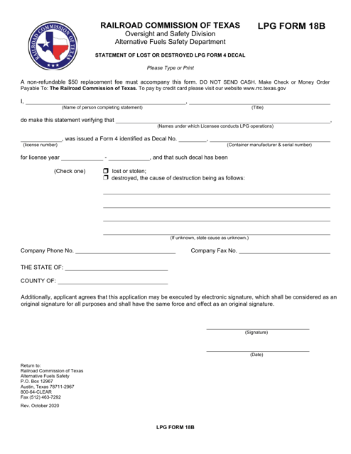 LPG Form 18B Statement of Lost or Destroyed Lpg Form 4 Decal - Texas