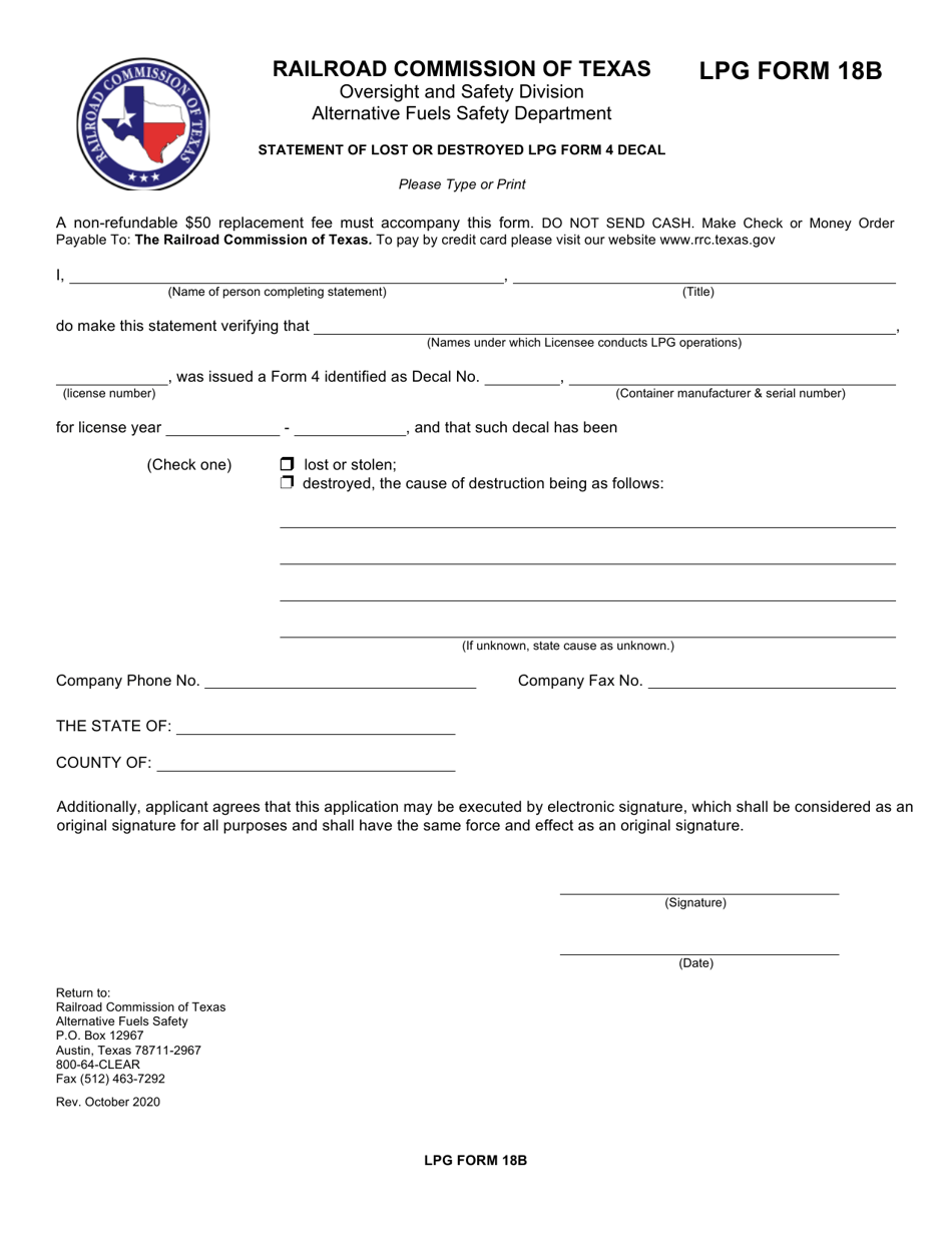 LPG Form 18B Statement of Lost or Destroyed Lpg Form 4 Decal - Texas, Page 1