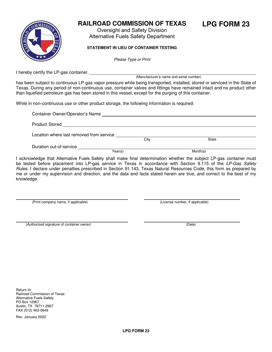 LPG Form 23 Statement in Lieu of Container Testing - Texas, Page 1
