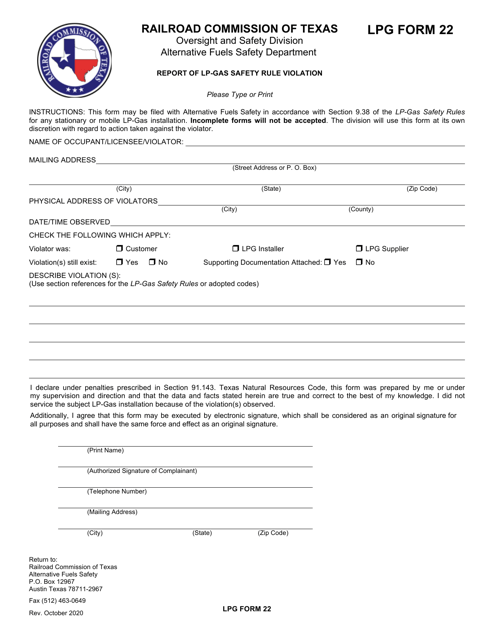 LPG Form 22 Report of Lp-Gas Safety Rule Violation - Texas