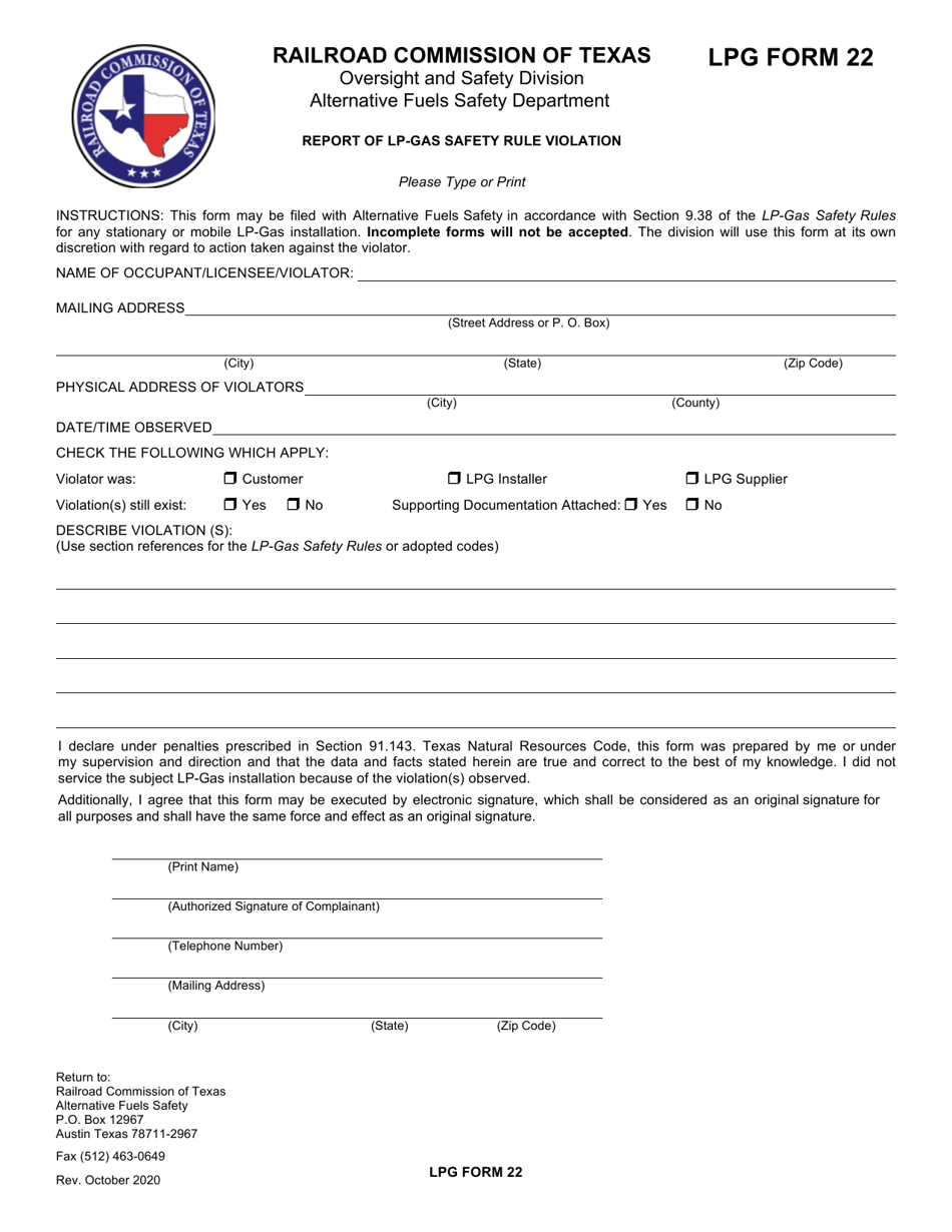 LPG Form 22 - Fill Out, Sign Online And Download Fillable PDF, Texas ...