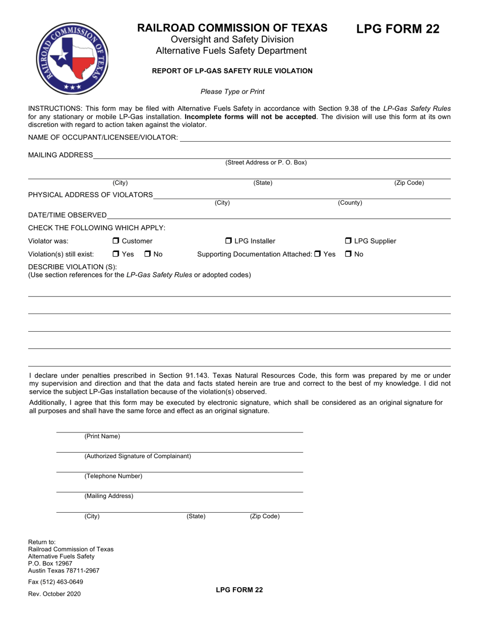 LPG Form 22 Report of Lp-Gas Safety Rule Violation - Texas, Page 1