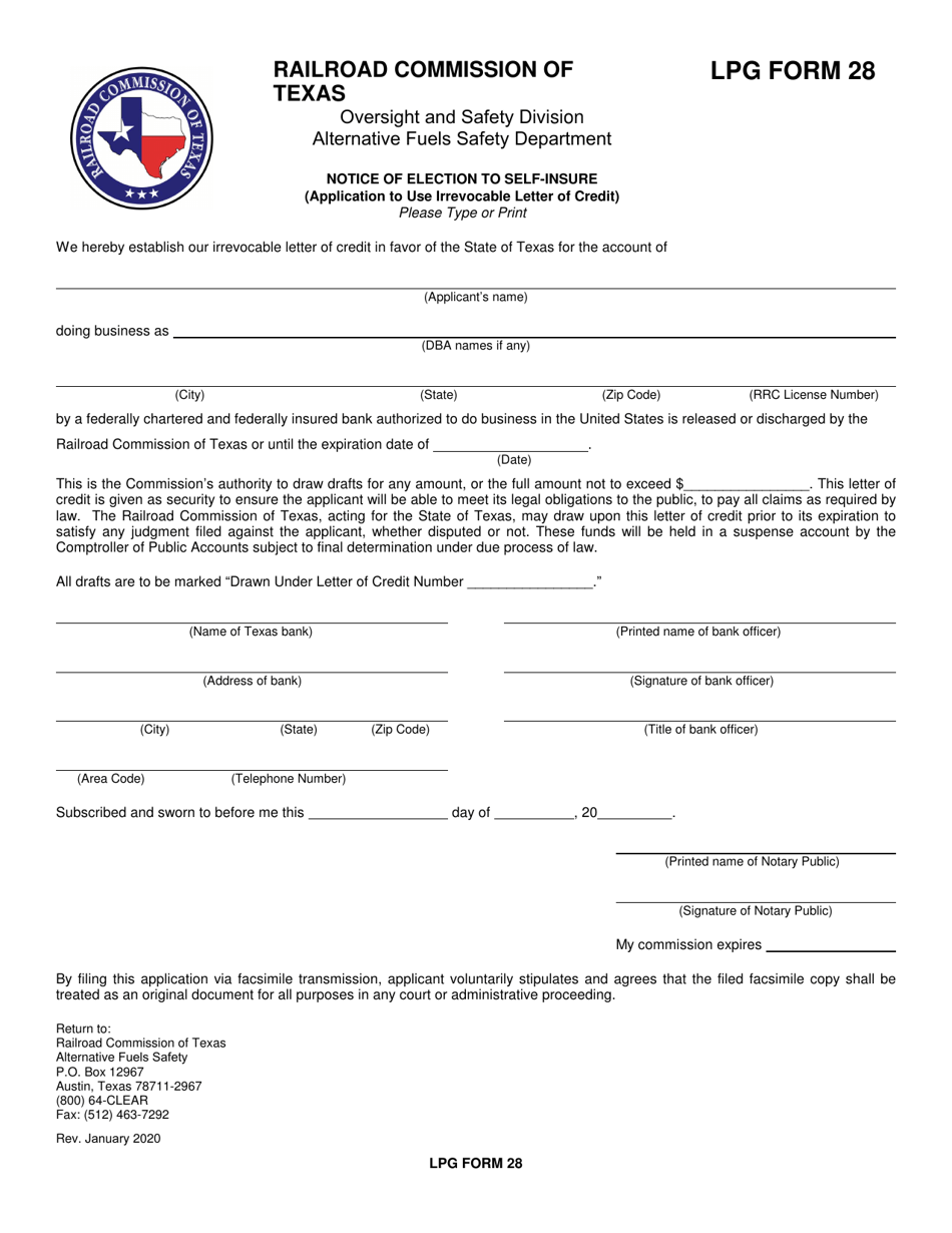 LPG Form 28 Notice of Election to Self-insure - Texas, Page 1