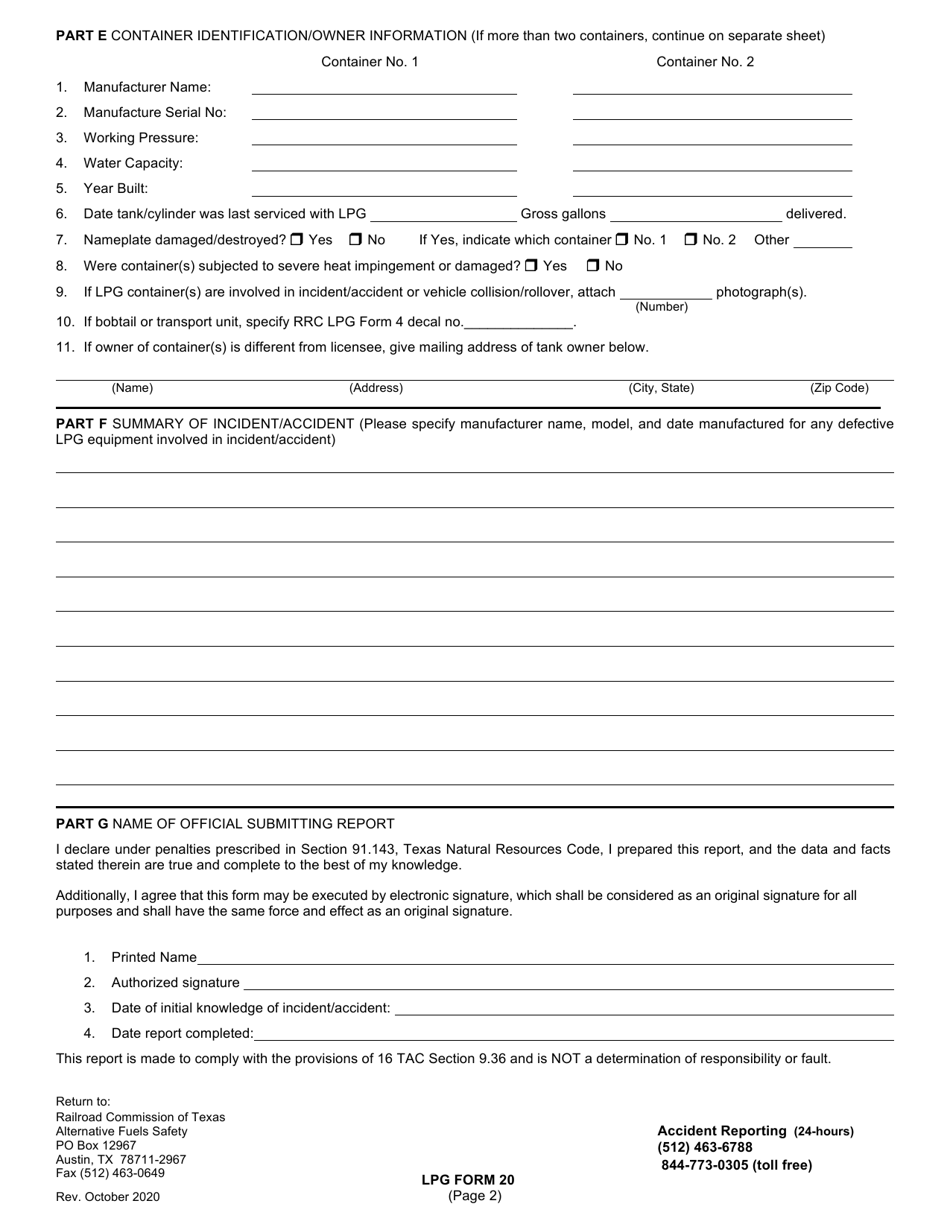 LPG Form 20 Report of Lp-Gas Incident / Accident - Texas, Page 2