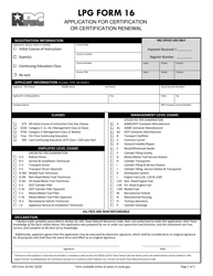 LPG Form 16 Application for Certification or Certification Renewal - Texas