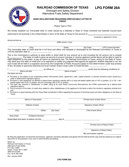 LPG Form 28A Bank Declarations Regarding Irrevocable Letter of Credit - Texas
