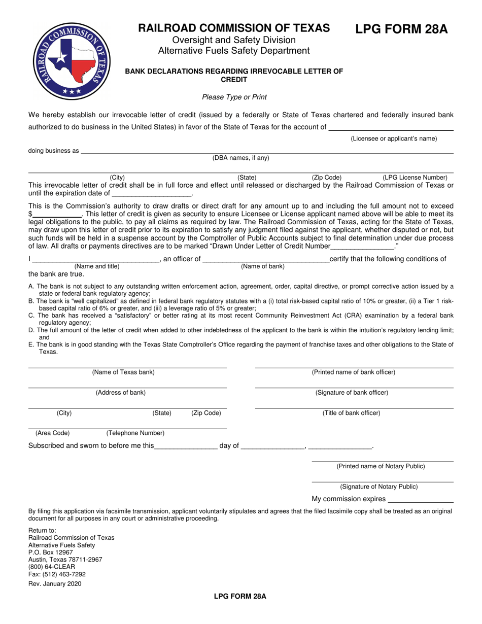 LPG Form 28A Bank Declarations Regarding Irrevocable Letter of Credit - Texas, Page 1