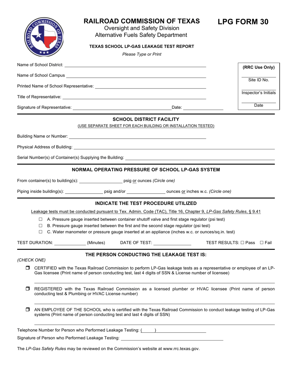 LPG Form 30 Texas School Lp-Gas Leakage Test Report - Texas, Page 1