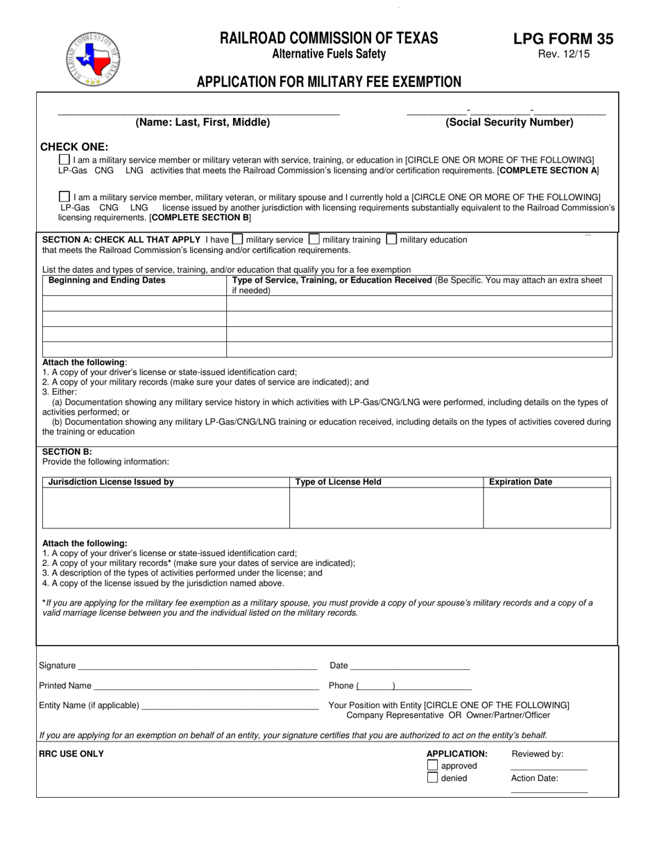 LPG Form 35 Application for Military Fee Exemption - Texas, Page 1