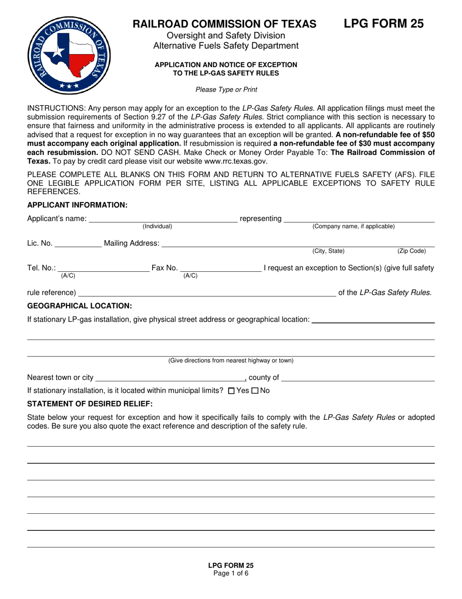 LPG Form 25 Application and Notice of Exception to the Lp-Gas Safety Rules - Texas, Page 1