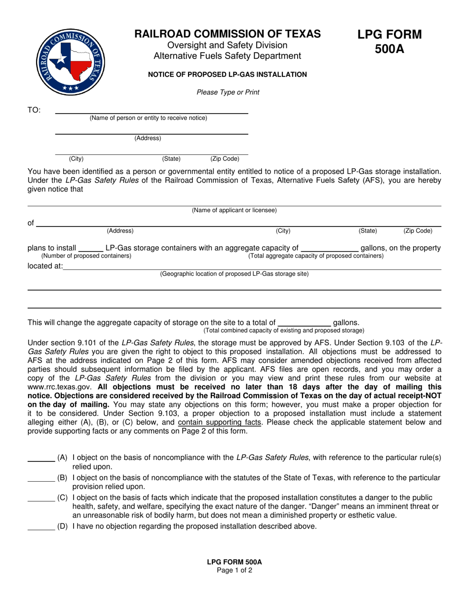 LPG Form 500A Notice of Proposed Lp-Gas Installation - Texas, Page 1