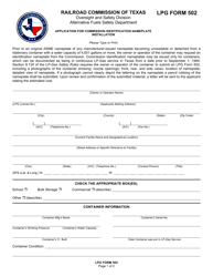 Document preview: LPG Form 502 Application for Commission Identification Nameplate Installation - Texas
