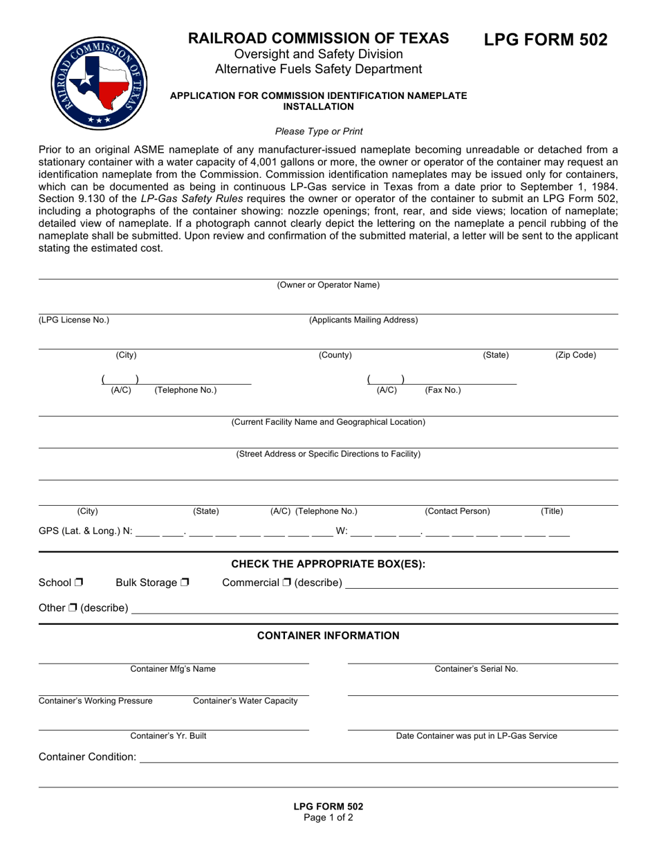 LPG Form 502 Application for Commission Identification Nameplate Installation - Texas, Page 1