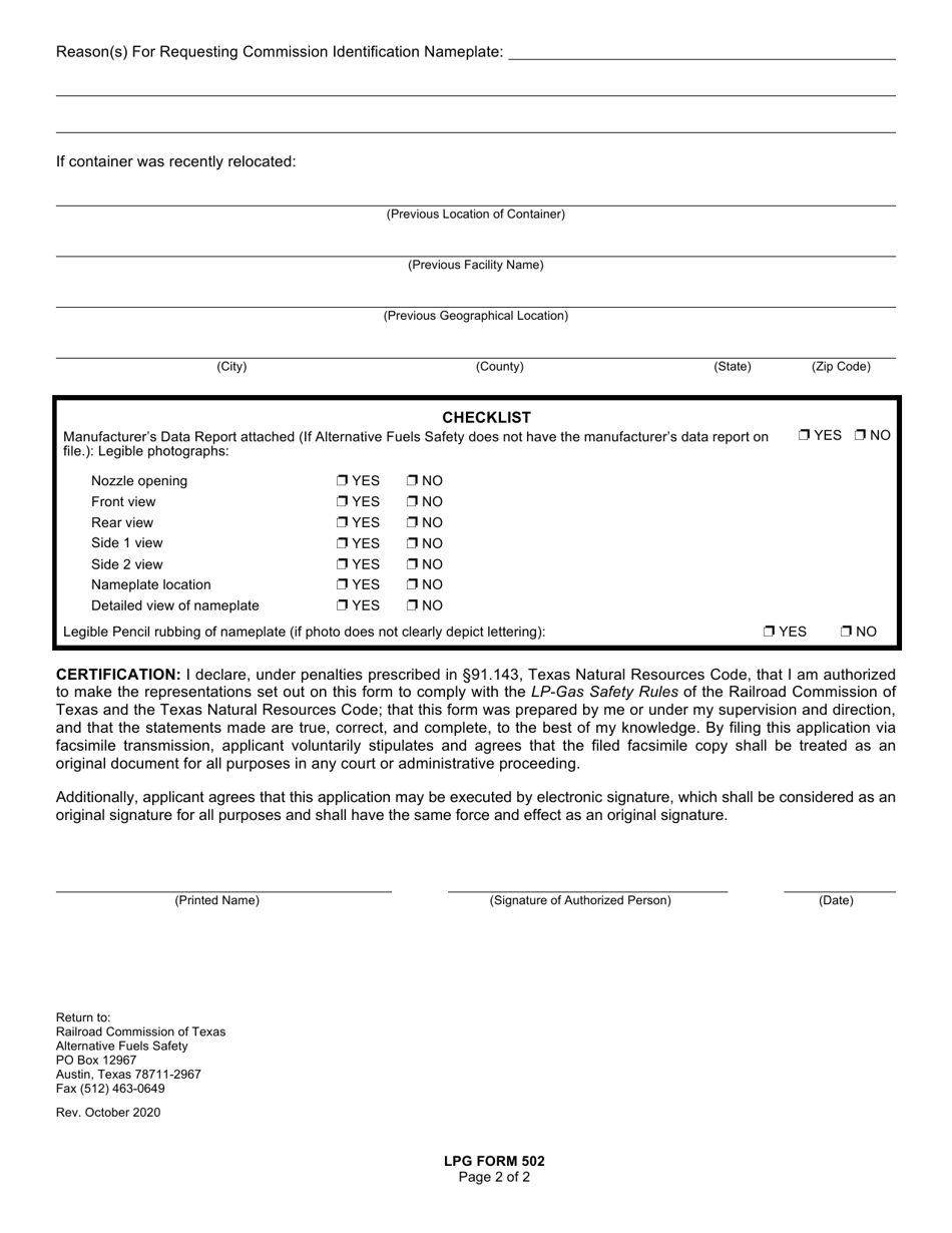 LPG Form 502 - Fill Out, Sign Online And Download Fillable PDF, Texas ...