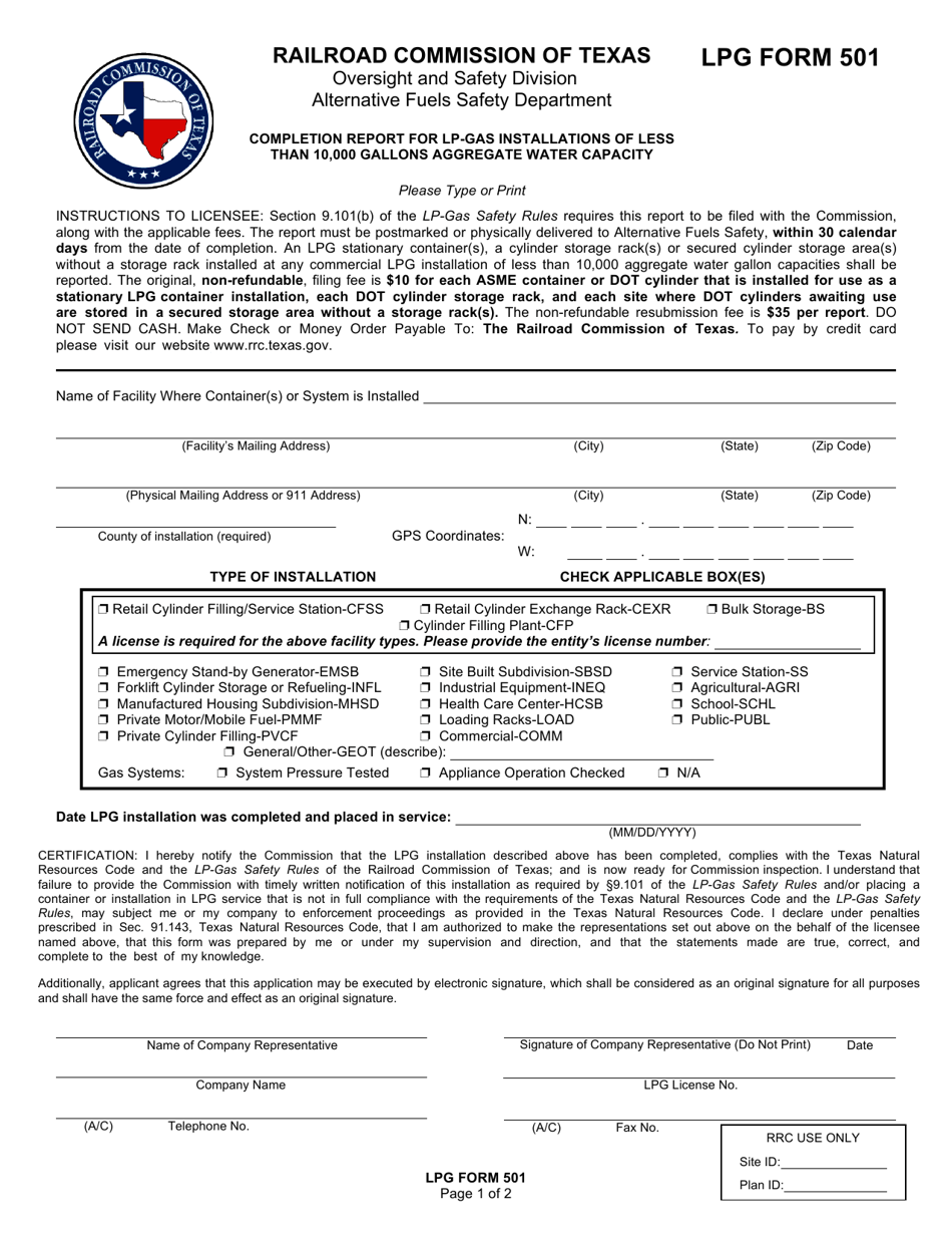 LPG Form 501 Completion Report for Lp-Gas Installations of Less Than 10,000 Gallons Aggregate Water Capacity - Texas, Page 1