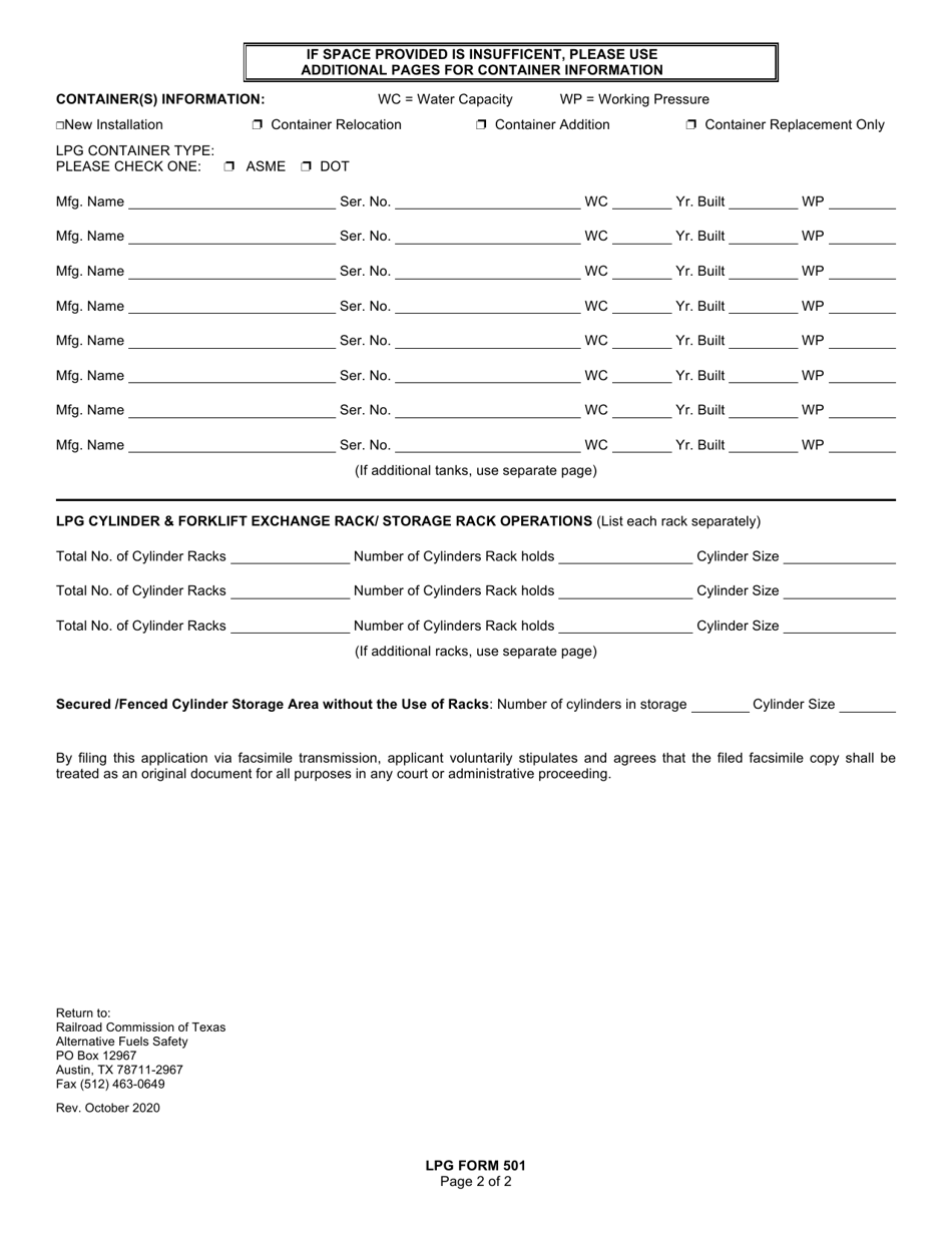 LPG Form 501 Completion Report for Lp-Gas Installations of Less Than 10,000 Gallons Aggregate Water Capacity - Texas, Page 2