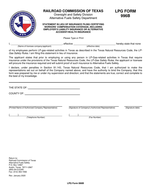 LPG Form 996B Statement in Lieu of Insurance Filing Certifying Workers' Compensation Coverage, Including Employer's Liability Insurance or Alternative Accident/Health Insurance - Texas
