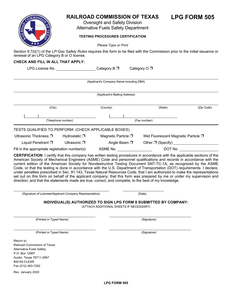 LPG Form 505 Testing Procedures Certification - Texas, Page 1