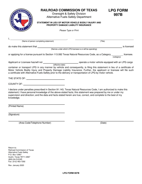 LPG Form 997B Statement in Lieu of Motor Vehicle Bodily Injury and Property Damage Liability Insurance - Texas