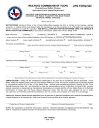 Document preview: LPG Form 503 Notice of Completed Installation of an Lpg System on School Bus, Public Transportation, Mass Transit, or Special Transit Vehicle(S) - Texas