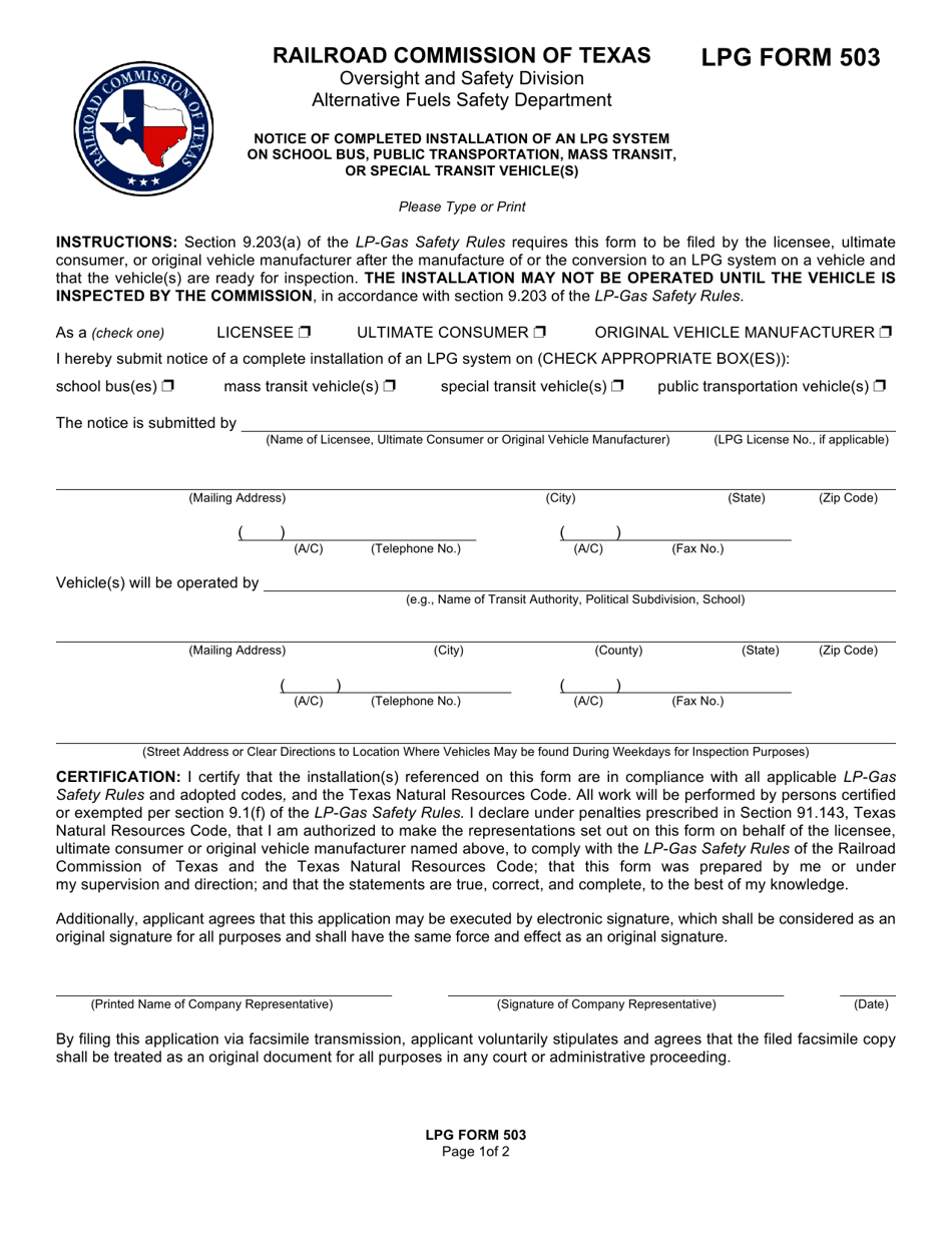 LPG Form 503 Notice of Completed Installation of an Lpg System on School Bus, Public Transportation, Mass Transit, or Special Transit Vehicle(S) - Texas, Page 1