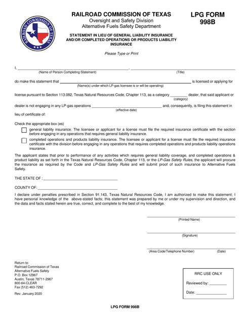 LPG Form 998B Statement in Lieu of General Liability Insurance and/or Completed Operations or Products Liability Insurance - Texas