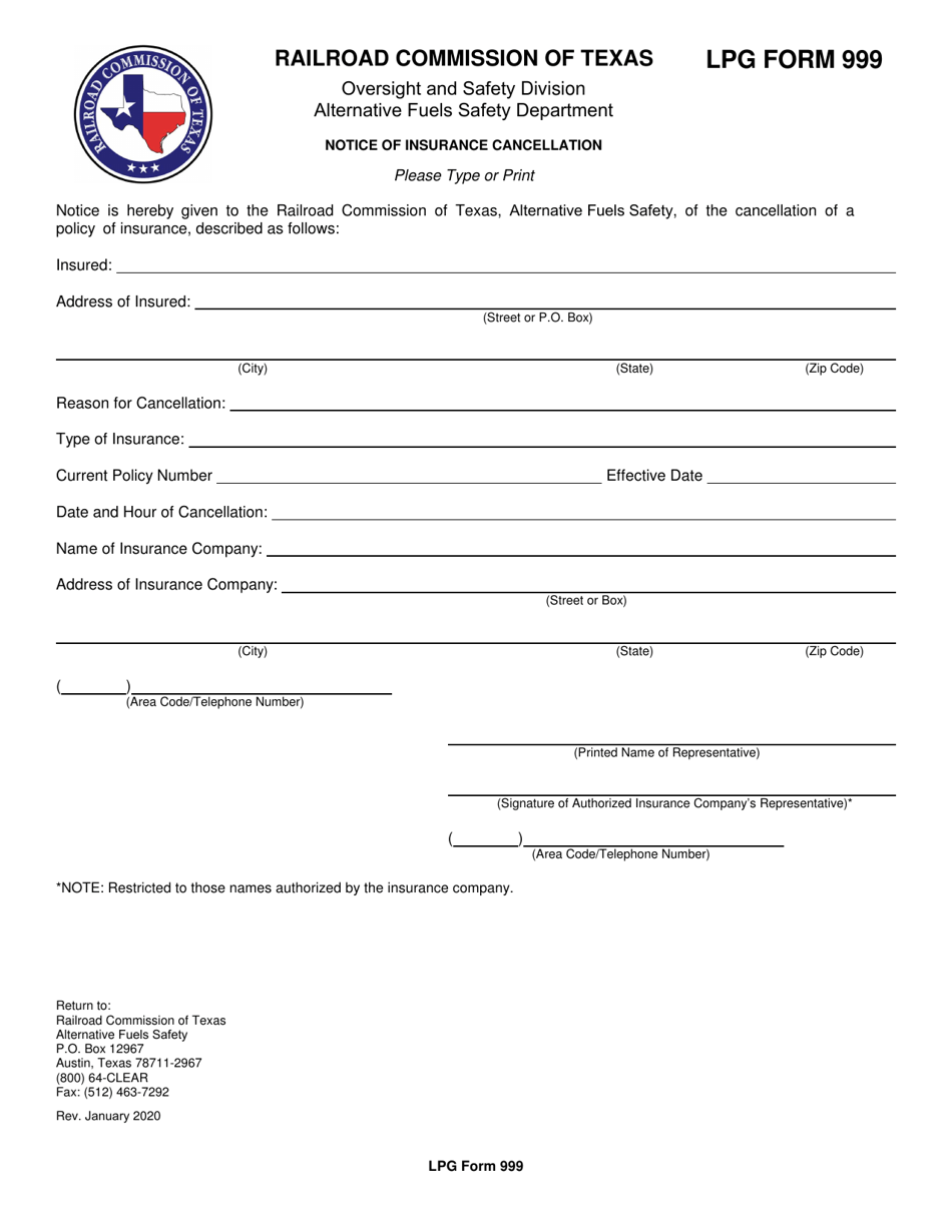 LPG Form 999 Notice of Insurance Cancellation - Texas, Page 1