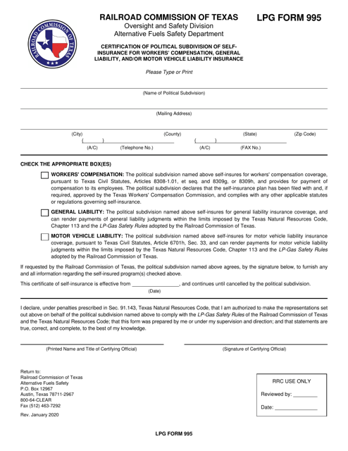 LPG Form 995 Certification of Political Subdivision of Self-insurance for Workers' Compensation, General Liability, and/or Motor Vehicle Liability Insurance - Texas