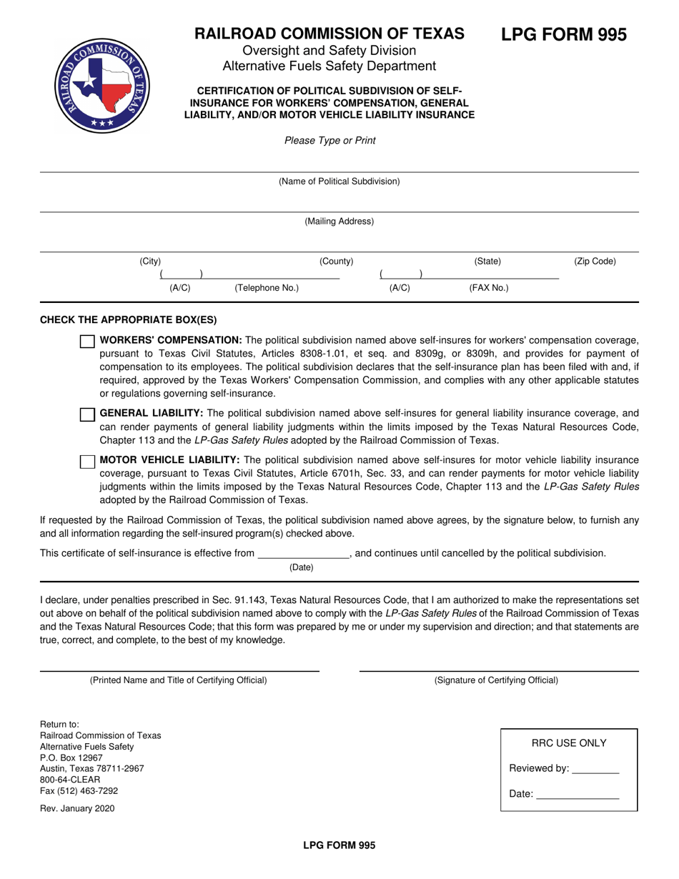 LPG Form 995 Certification of Political Subdivision of Self-insurance for Workers Compensation, General Liability, and / or Motor Vehicle Liability Insurance - Texas, Page 1