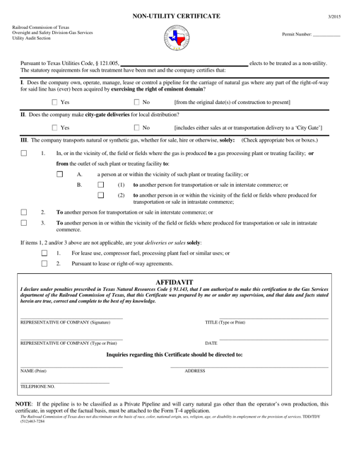 Non-utility Certificate - Texas