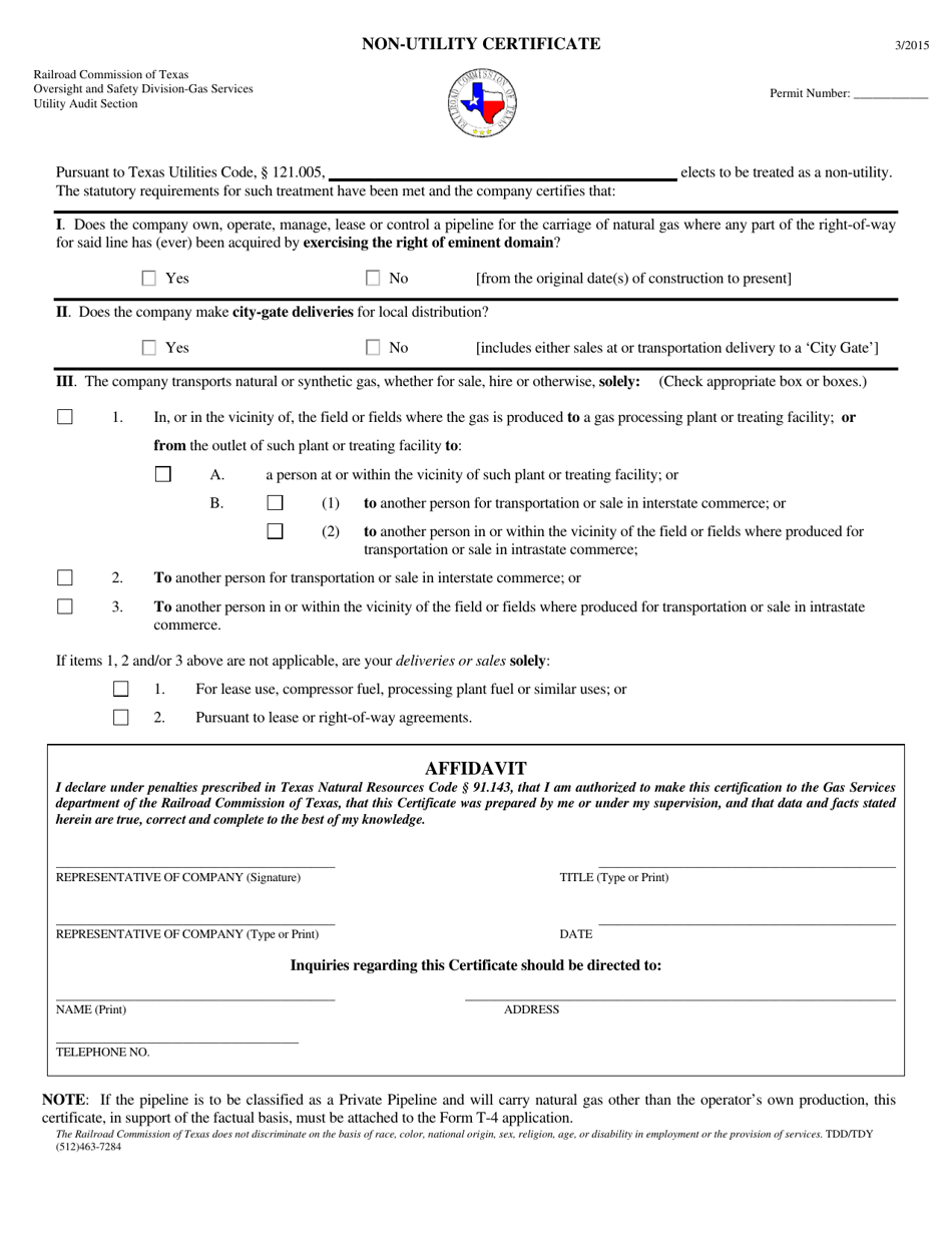 Non-utility Certificate - Texas, Page 1