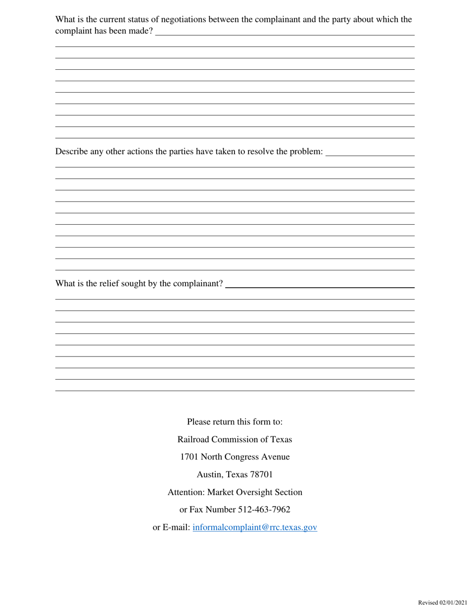 Informal Complaint Preliminary Information - Natural Gas Purchasing, Selling, Shipping, Transportation, or Gathering Practices - Texas, Page 2