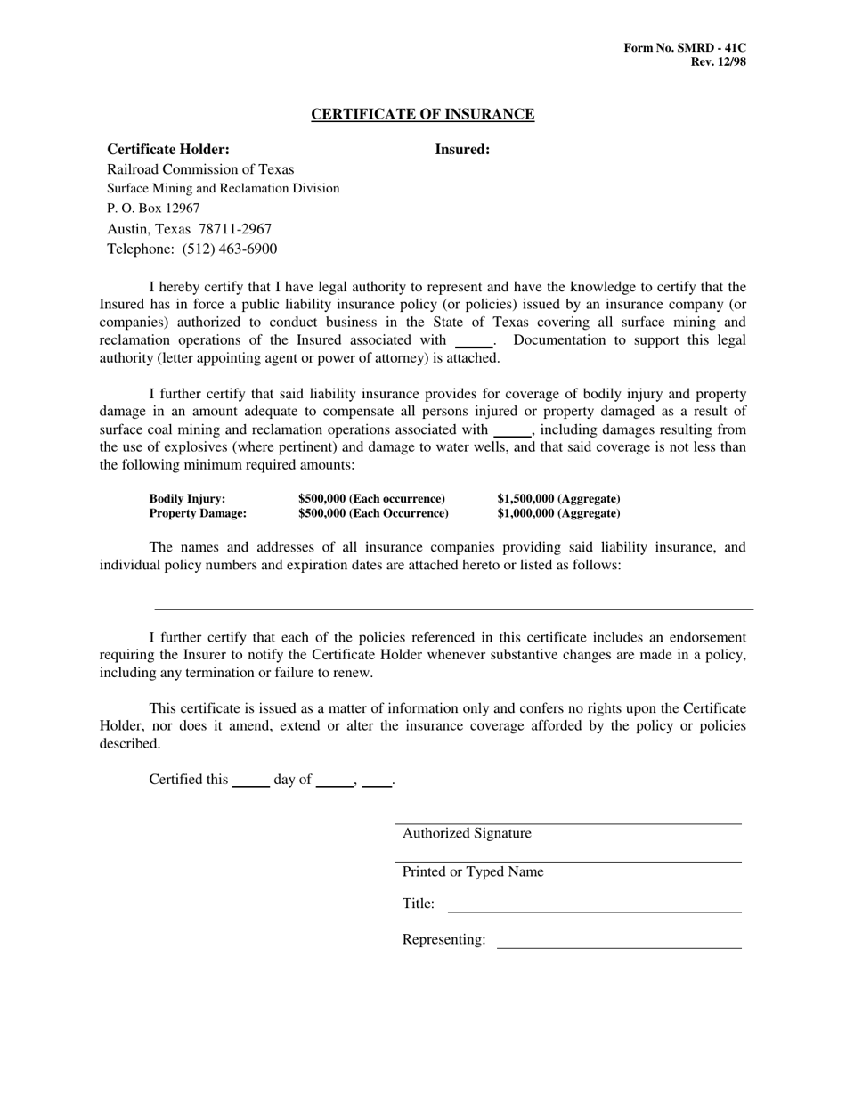 Form SMRD-41C Certificate of Insurance - Texas, Page 1