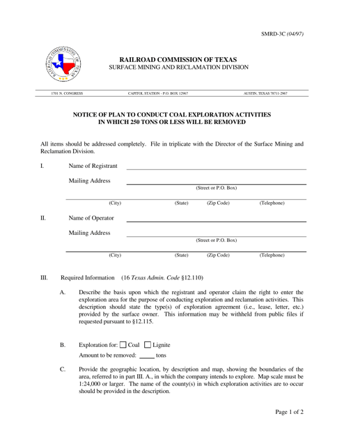 Form SMRD-3C Notice of Plan to Conduct Coal Exploration Activities in Which 250 Tons or Less Will Be Removed - Texas