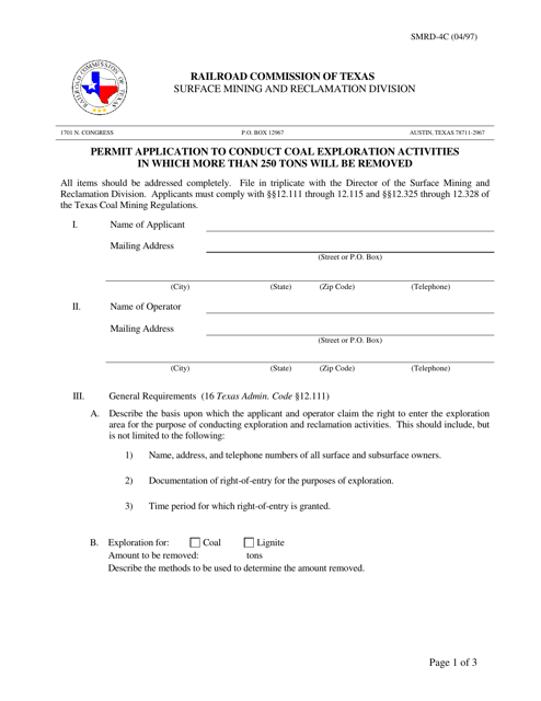 Form SMRD-4C Permit Application to Conduct Coal Exploration Activities in Which More Than 250 Tons Will Be Removed - Texas