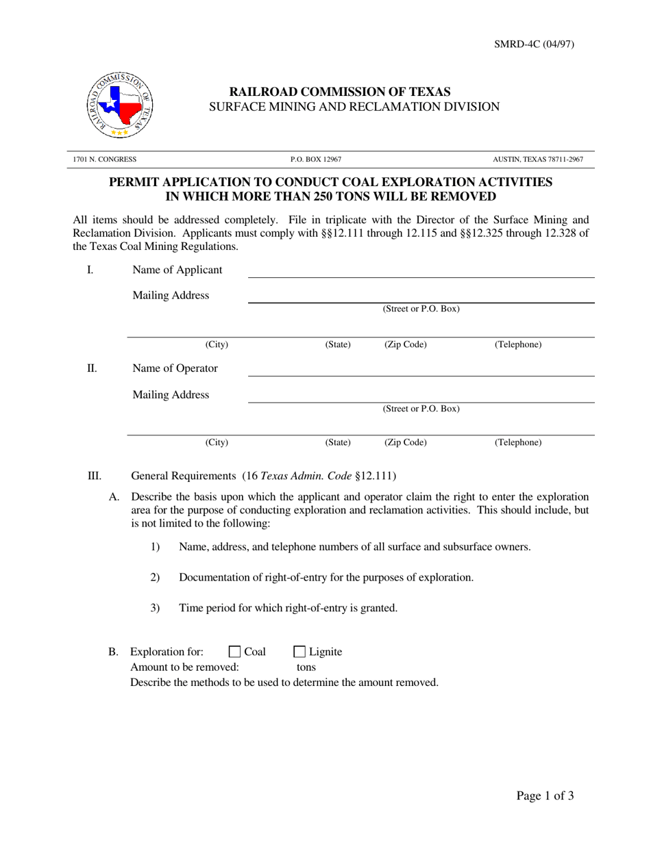 Form SMRD-4C Permit Application to Conduct Coal Exploration Activities in Which More Than 250 Tons Will Be Removed - Texas, Page 1